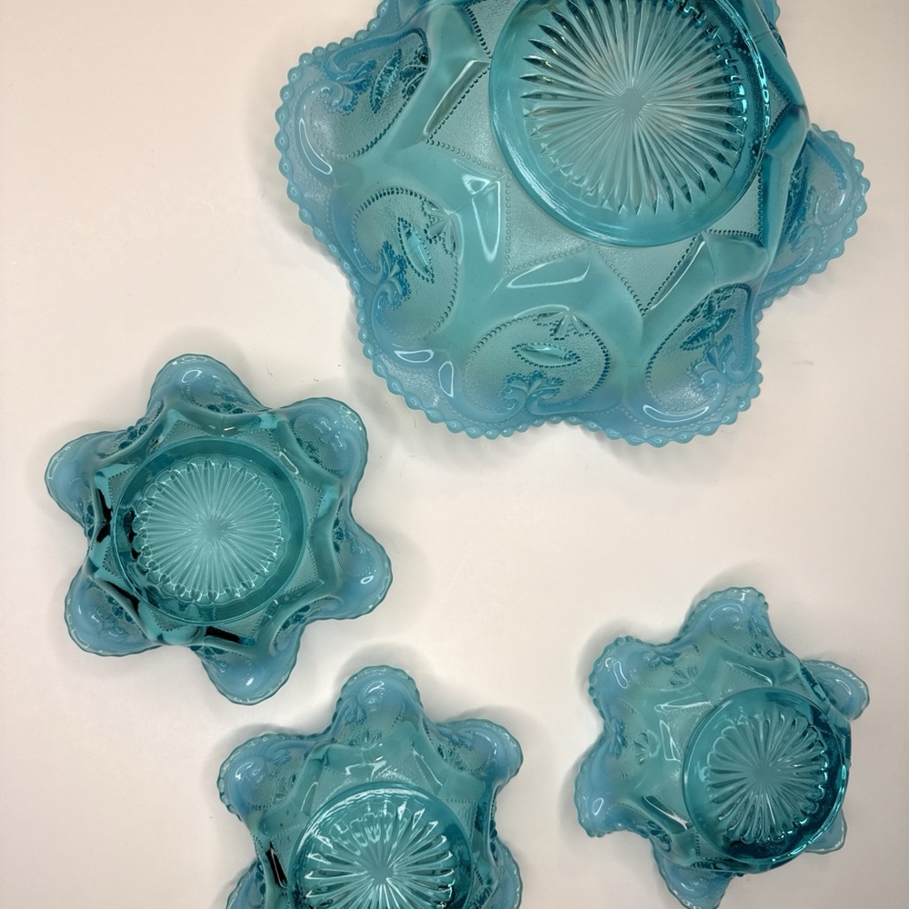 Northwood Jewel Heart Opalescent Ruffled Scalloped Blue Bowls - Picture 7 of 10